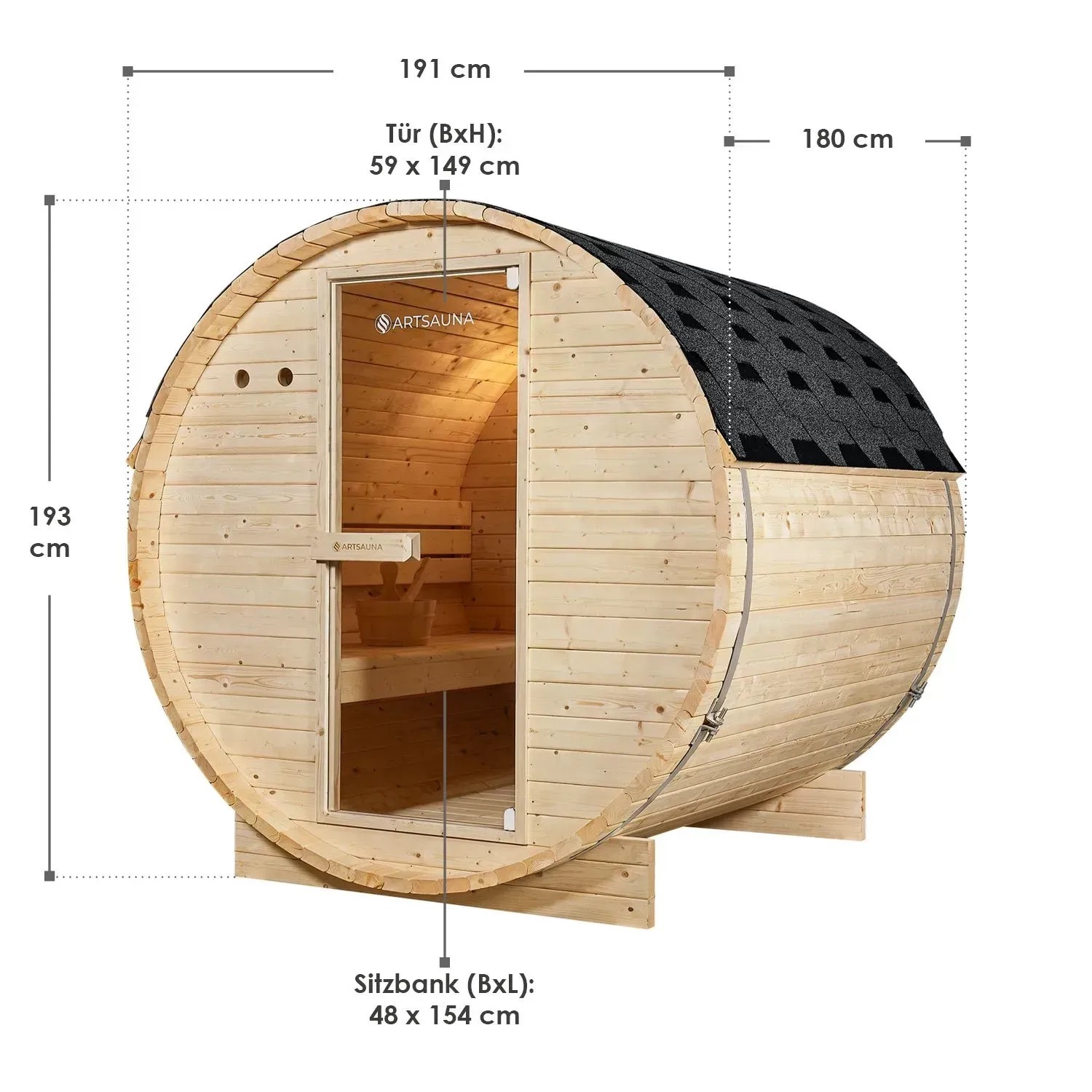 Artsauna Fasssauna Spitzbergen 180 cm, Outdoor Sauna aus Fichtenholz mit Bitumendach und Glastür, Maße eingezeichnet.