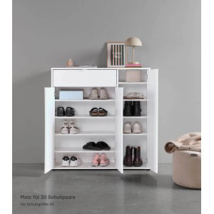 Weißer mokebo Schuhschrank Concierge mit zwei offenen Türen und diversen Schuhen.