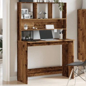 Schreibtisch mit Regal in Altholz-Optik aus Holzwerkstoff. Kompakter Bürotisch mit Stauraum für Home Office.