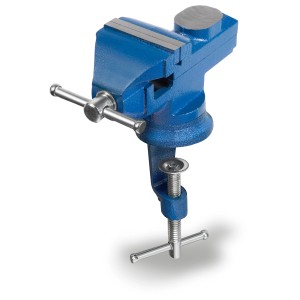Blauer EBERTH Mini Schraubstock mit Tischklemme, 360° drehbar, max. 70mm Spannweite.