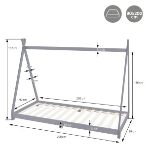ML-Design Kinderbett Tipi 90x200 cm, hellgraues Holzbett mit Lattenrost, Maße.