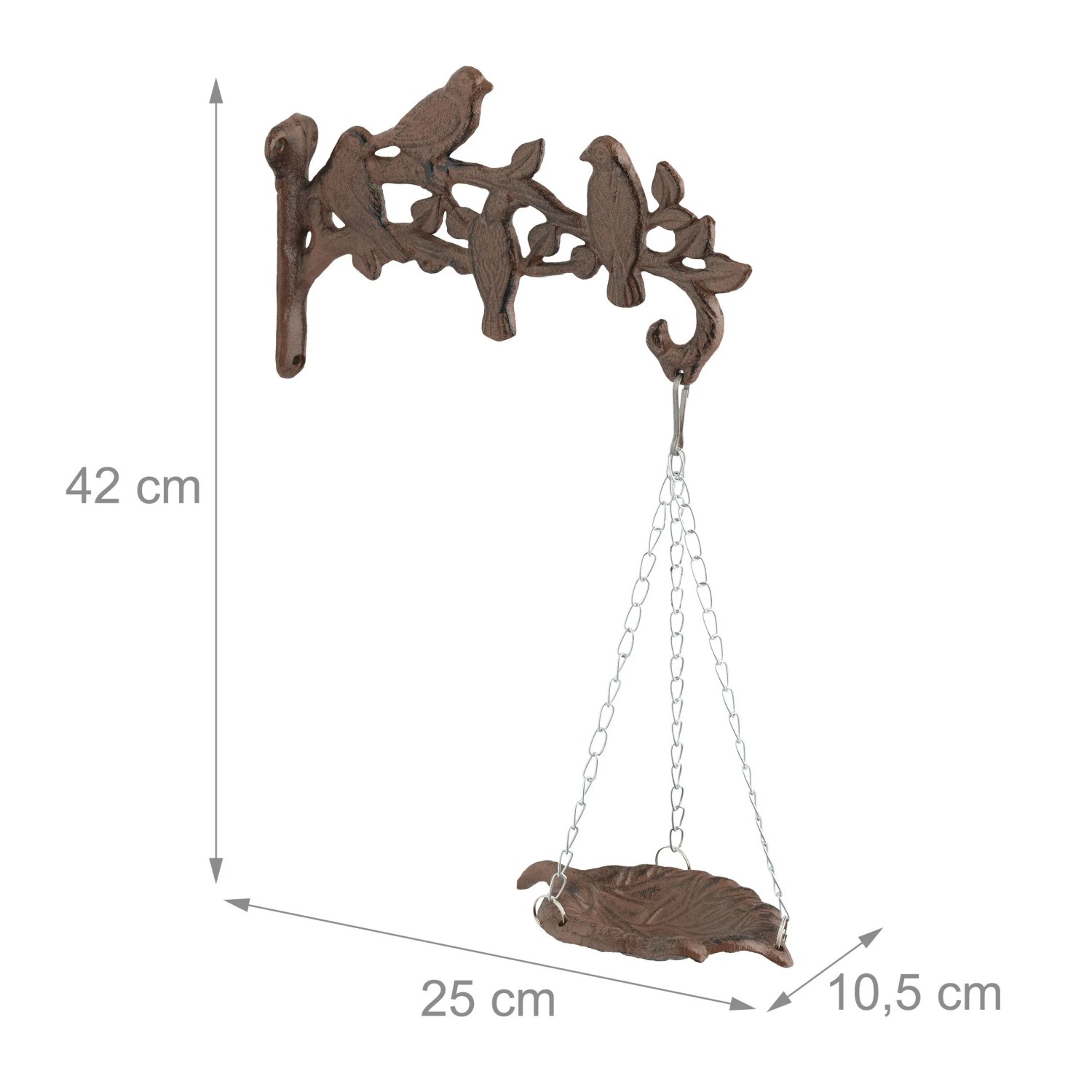 Braune Gusseisen Vogeltränke mit Wandbefestigung, Vogelmotiven und hängender Blattschale. Rostoptik für Garten.