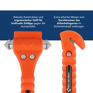 First Aid Only 2-in-1 Notfallhammer mit Gurtschneider, neonorange. Kfz-Werkzeug für die Pannenhilfe.