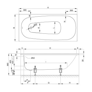 Technische Zeichnung Bette Badewanne Steel 170x75 cm, Maße und Details.