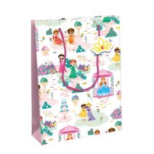 Clairefontaine Geschenktasche L 'Es war einmal' mit Prinzessinnen-Motiven, weißem Hintergrund und pinken Kordelgriffen.