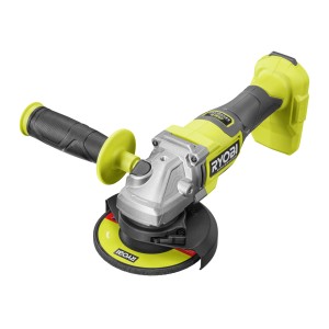 Ryobi Akku-Winkelschleifer RAG18BL-0 One+ 18V mit Schleifscheibe und Zusatzhandgriff.