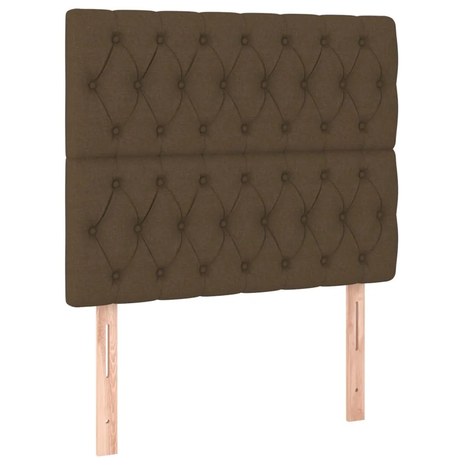 Dunkelbraunes Boxspringbett Kopfteil mit Knopfheftung, Stoffbezug. Bett Zubehör.