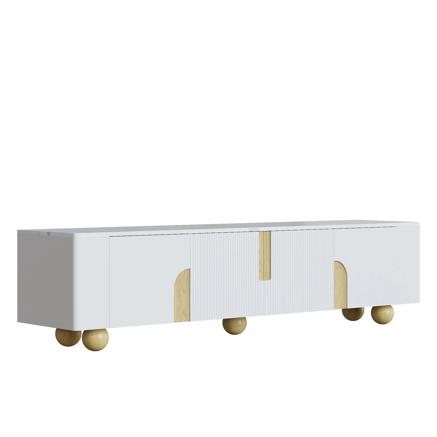 okwish TV Schrank mit 4 Türen Marmoroptik Kugelfüße Wohnzimmer 180×40×44cm Weiß