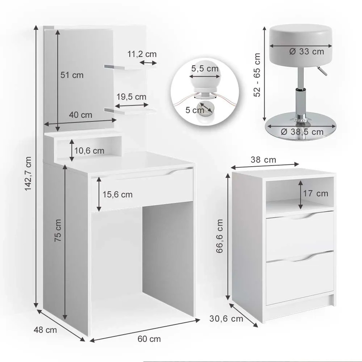 Vicco Schminktisch Ruben Weiß mit LED, Hocker und Schubladenschrank, Maße