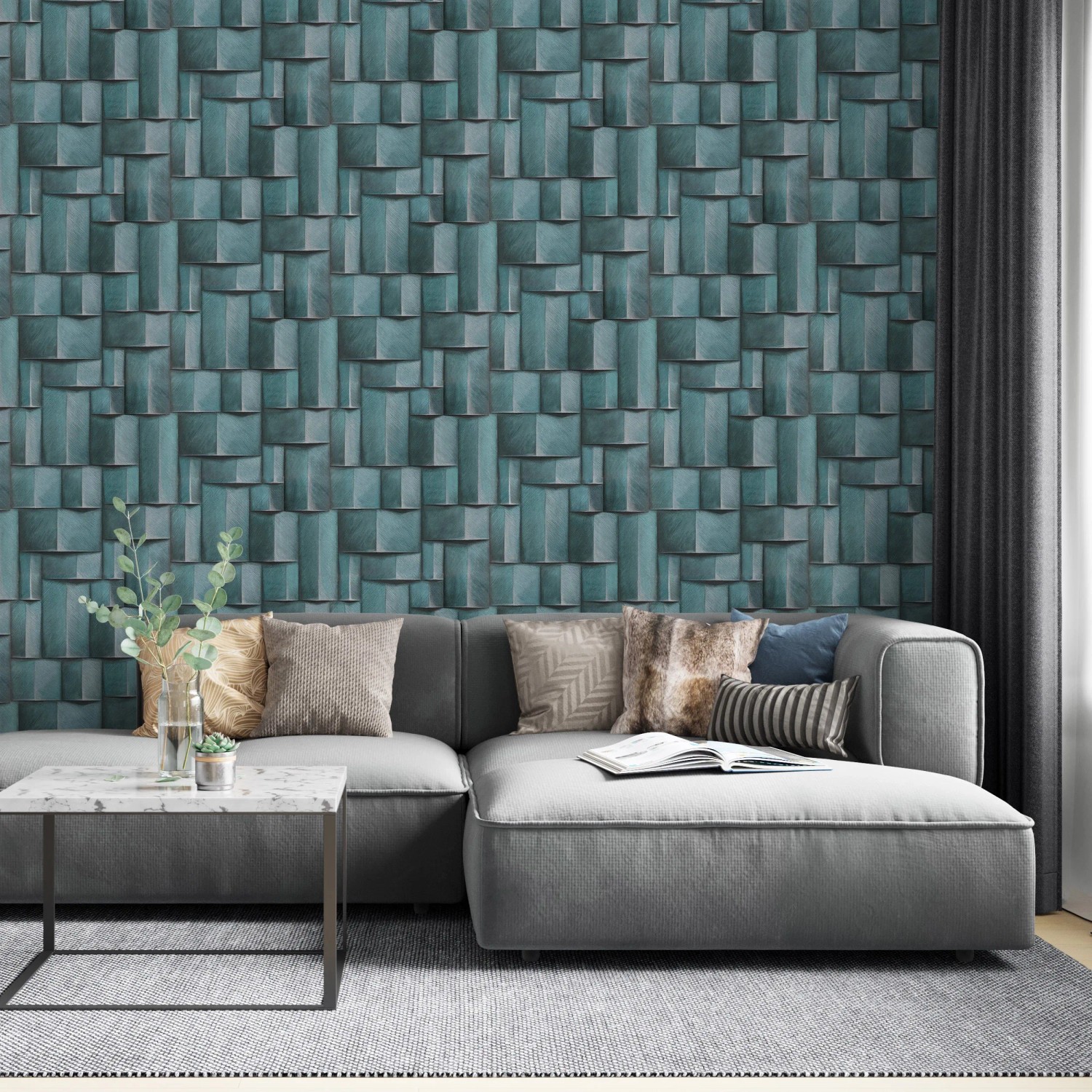 Moderne, blaue Vliestapete in 3D-Optik mit grafischem Muster von Marburg. Dekorative Wandgestaltung im Wohnzimmer.