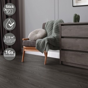 ML-Design Vinylboden Eiche Dunkelgrau, selbstklebend, im Wohnraum verlegt.