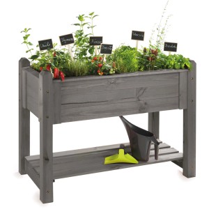 Graues Wilk Kräuter-Hochbeet Premium aus Holz mit Kräutern und Ablage für Gartengeräte.