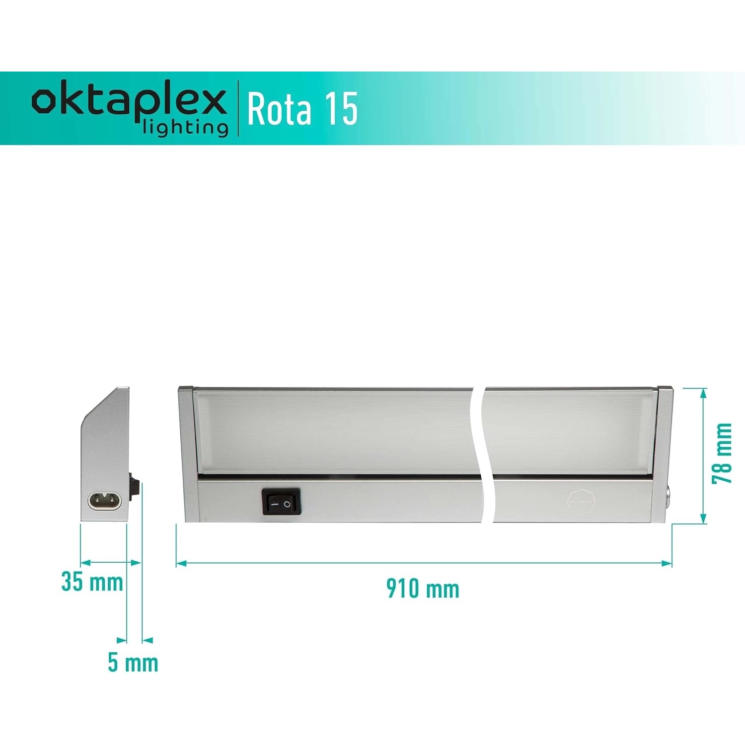 Oktaplex Aluminium Unterbauleuchte Rota, 91cm, neutralweiß, mit Schalter und Maßangaben.