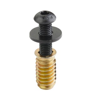 Schwarze M8x30 Schraube mit Unterlegscheibe und goldener M8x24 Gewindemuffe für Möbel und Holzverbinder.