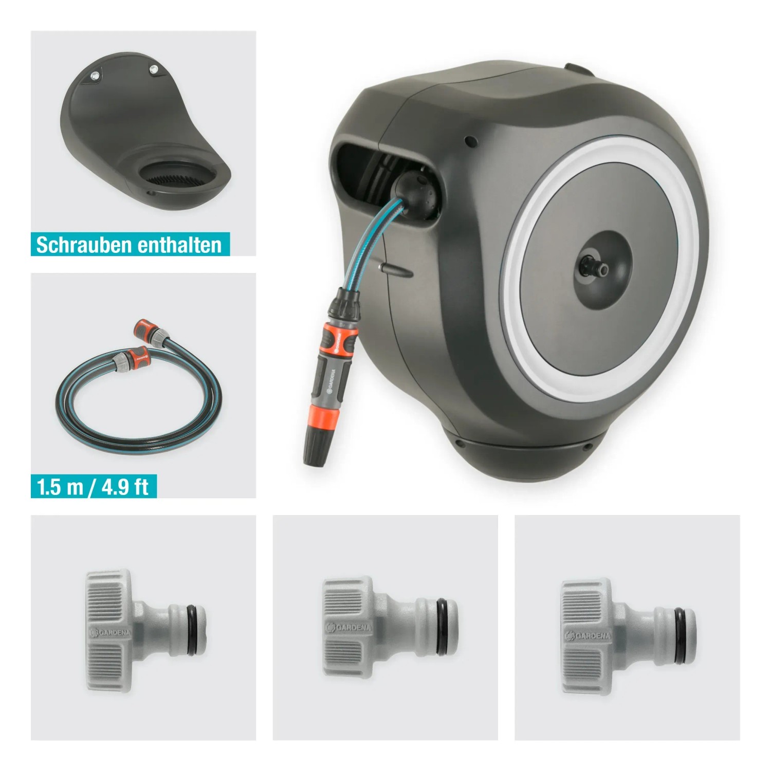 Gardena Wand-Schlauchbox RollUp M mit 20m Schlauch, Wandhalterung und Zubehör.