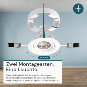 Weißer LUXULA LED Einbauspot mit Montageoptionen für Decken, 5W, Farbwahl Warm-Kaltweiß.