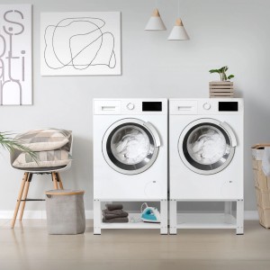 ML-Design Doppel Waschmaschinen Untergestell mit 2 Ablagen, weiß, für mehr Komfort beim Wäschewaschen.