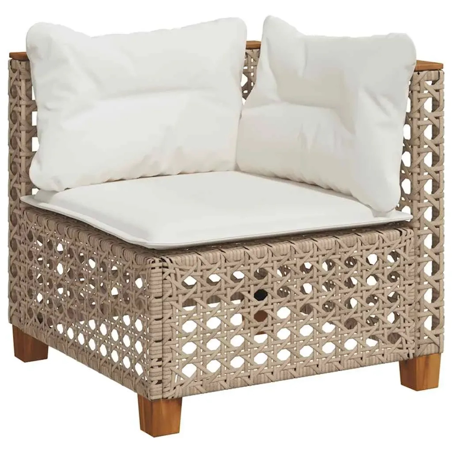 Beige Garten-Sofagarnitur Eckteil aus Rattan mit cremeweißen Kissen.