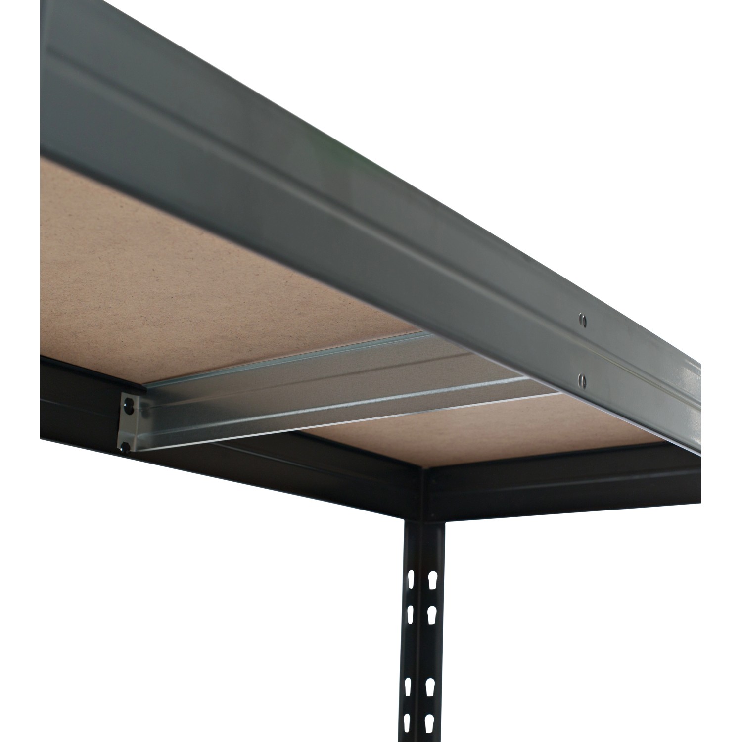 Detailansicht: Anthrazitfarbenes Ar Shelving Schwerlastregal mit HDF-Böden und Stecksystem.