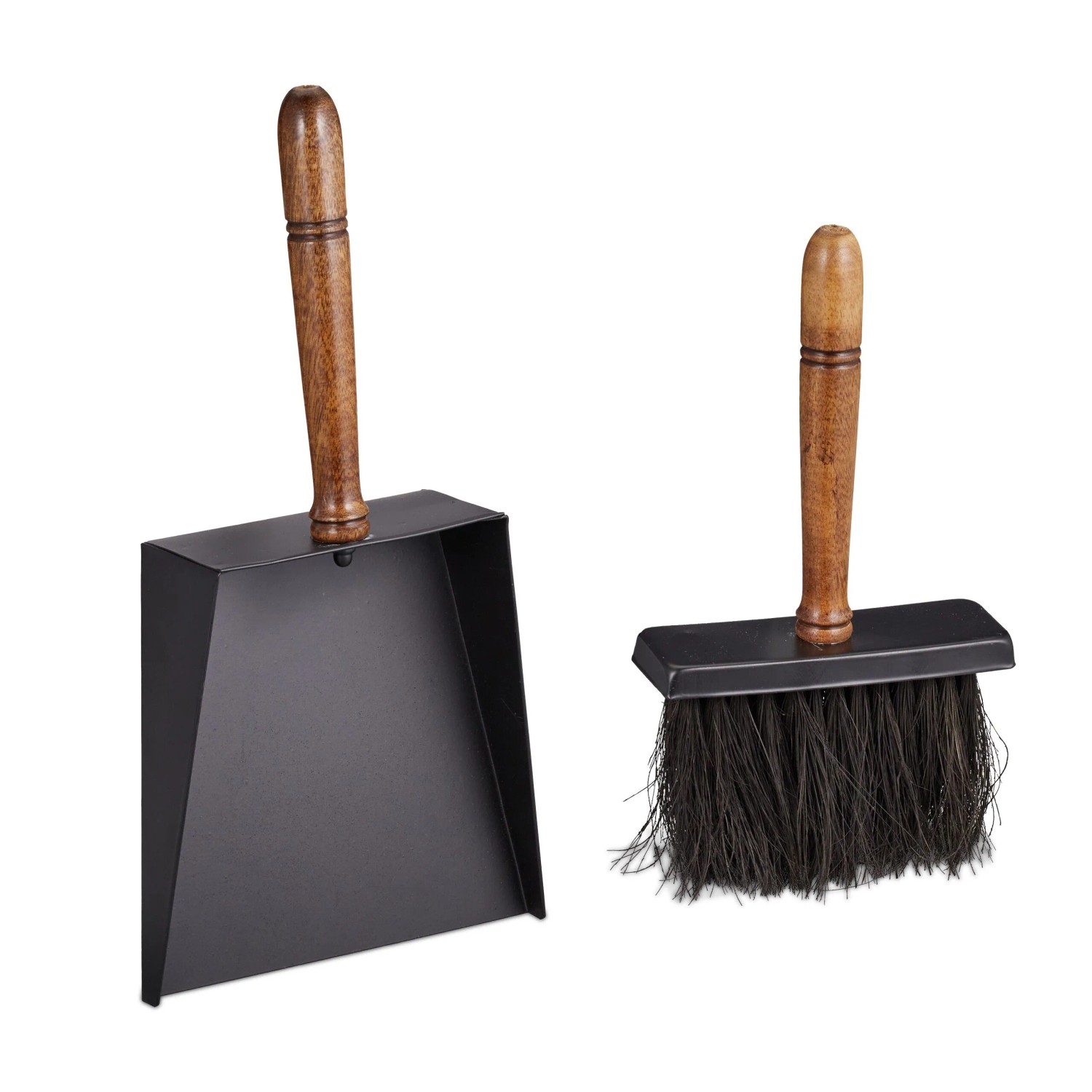 Relaxdays Kehrgarnitur Eisen Mangoholz Schwarz Braun Pulverbeschichtet mit Juteborsten 35,5 cm x 18 cm x 8 cm