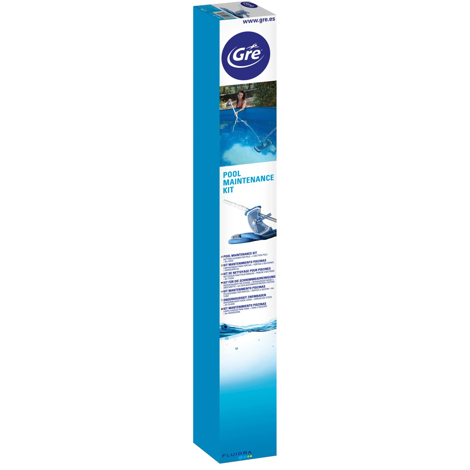 Verpackung des Gre Bodenreinigungssets für Pools mit Teleskopstange und Schlauch.
