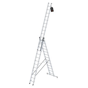 PROREGAL 3-teilige Mehrzweckleiter mit Traverse, 3x13 Sprossen, aus Aluminium als Anlege-, Steh- und Schiebeleiter.