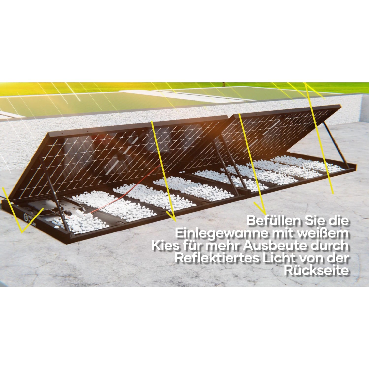 Hepa Solar Balkonkraftwerk Premium 800 mit zwei Solarmodulen und Kiesbett zur Lichtreflektion.