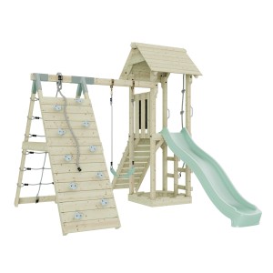 OutdoorToys Spielturm Trondheim mit Schaukel, Kletterwand und Rutsche in Mintgrün.