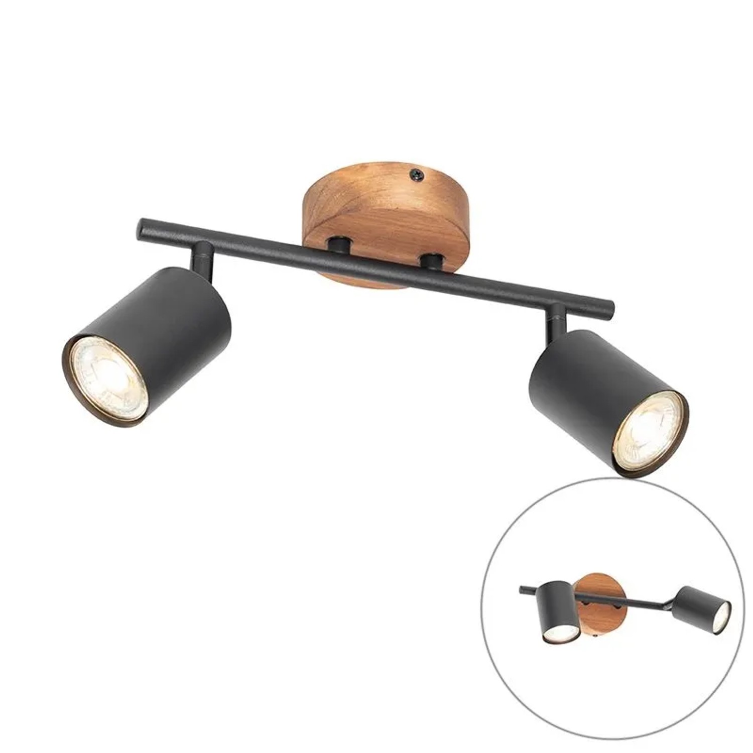 QAZQA Industrie Spot Schwarz mit Holz Schwenkbar 2 Lichter Jeana