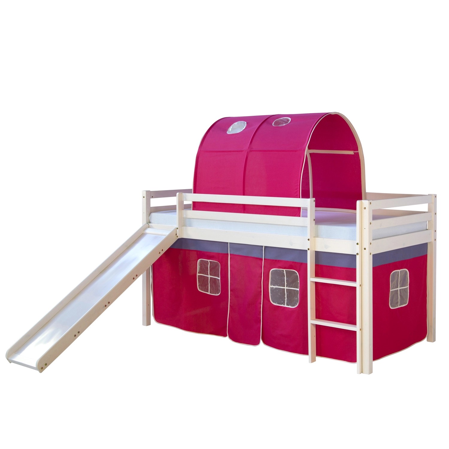 Homestyle4u Hochbett 90x200 Weiß mit Rutsche Vorhang Pink 1569 günstig online kaufen