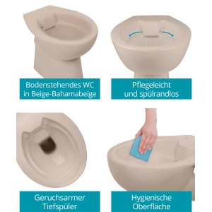 Calmwaters Stand-WC, spülrandlos, Bahamabeige, Tiefspüler, verschiedene Ansichten.