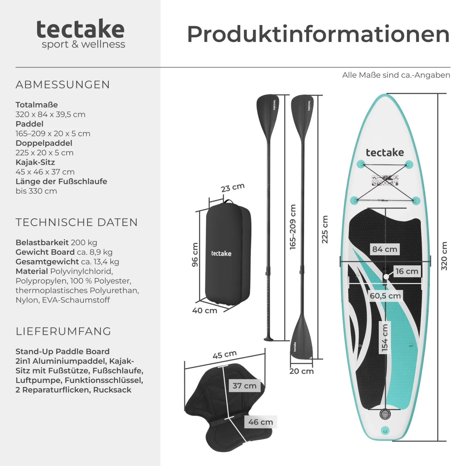 Tectake Stand Up Paddle Board Zenon Set mit aufblasbarem SUP, Paddel, Kajaksitz und Rucksack. Weiß-türkises Design, Maße 320x84 cm.