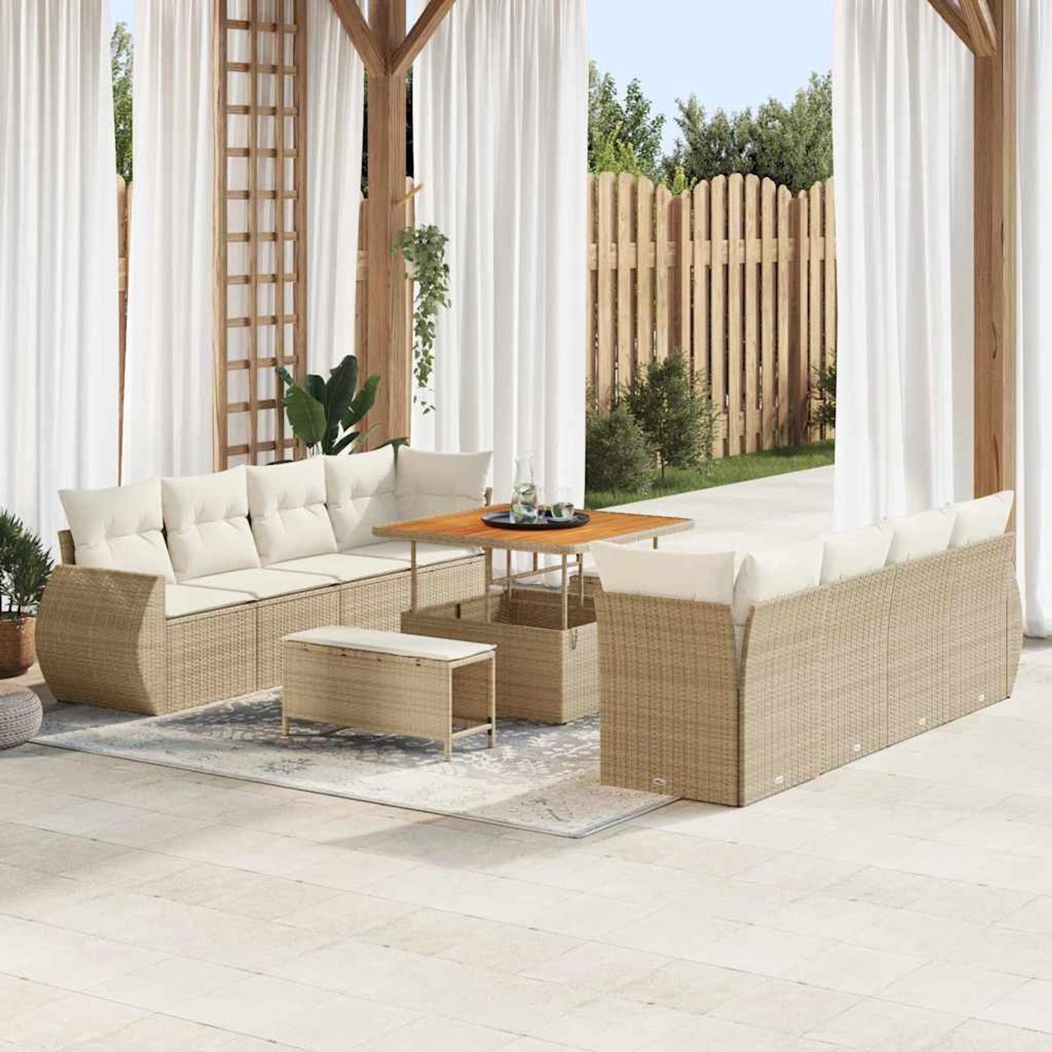 Beiges 11-tlg. vidaXL Garten-Sofa-Set aus Poly Rattan mit Tisch und Hockern.