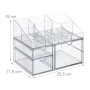 Transparenter Make-up Organizer aus Kunststoff mit 3 Schubladen und Fächern für Kosmetik. Maße: 18x25,5x17,5 cm.