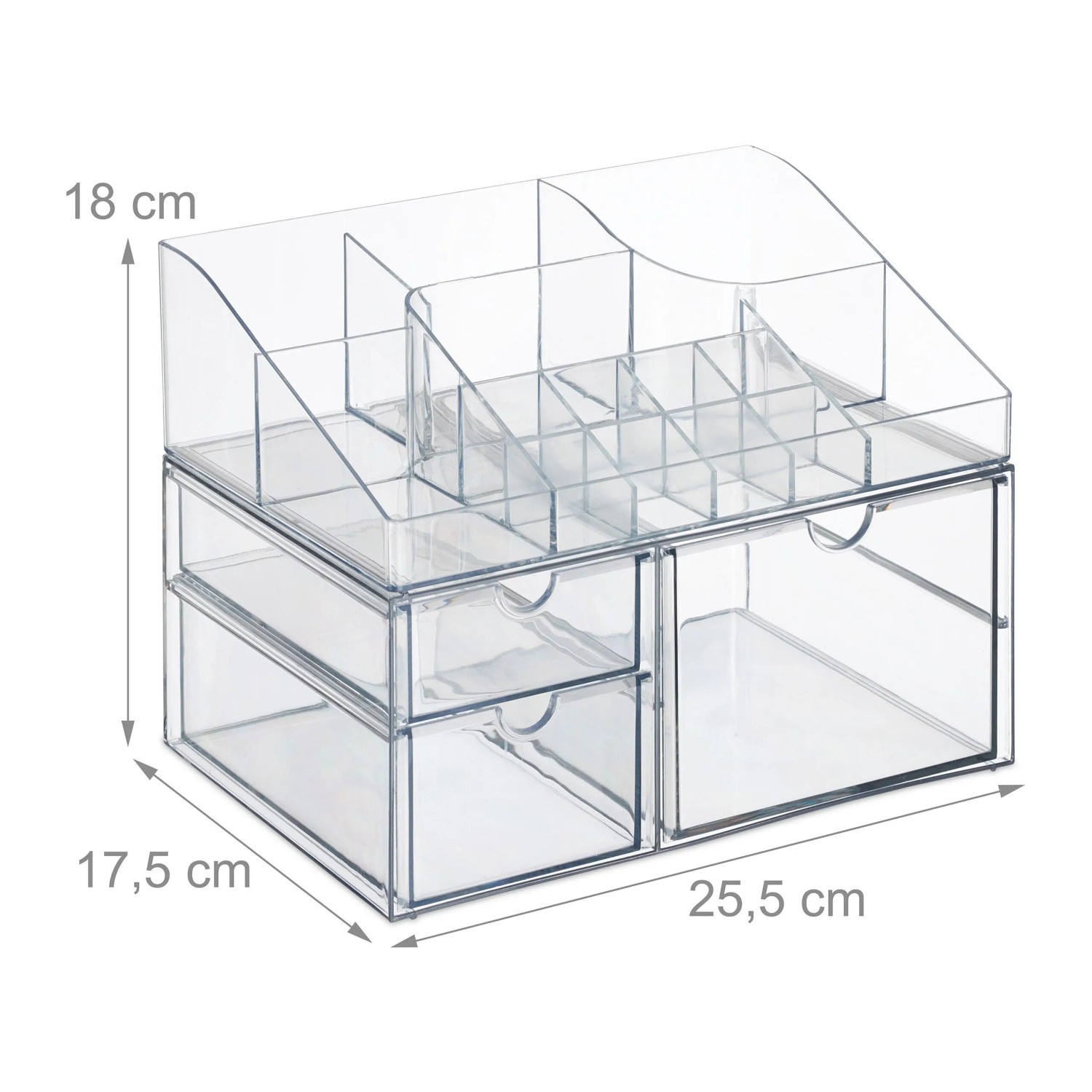 Transparenter Make-up Organizer aus Kunststoff mit 3 Schubladen und Fächern für Kosmetik. Maße: 18x25,5x17,5 cm.