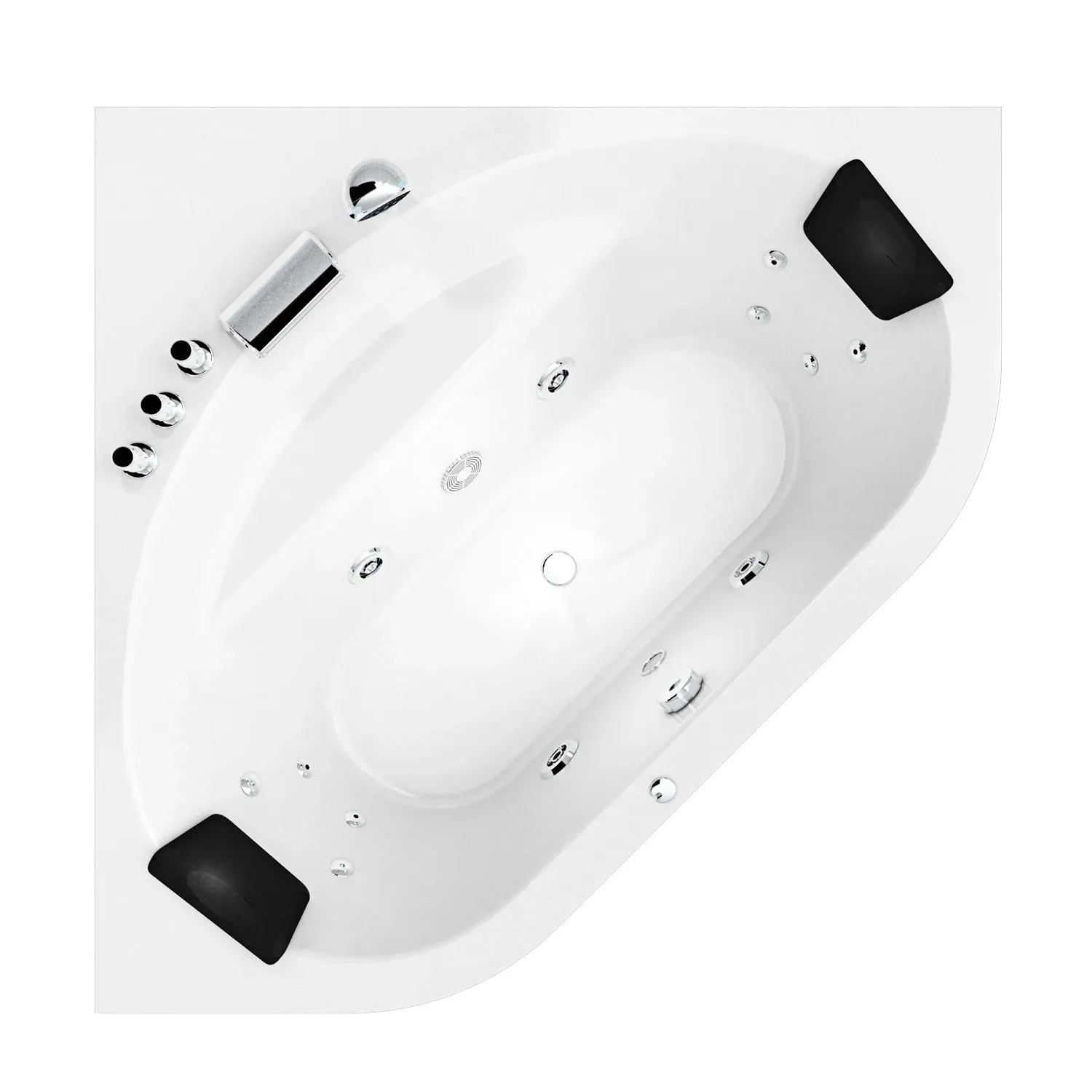 AcquaVapore Eck-Whirlpool W20-TH-SC 140x140 mit Farblicht, Chromarmaturen und Nackenkissen.