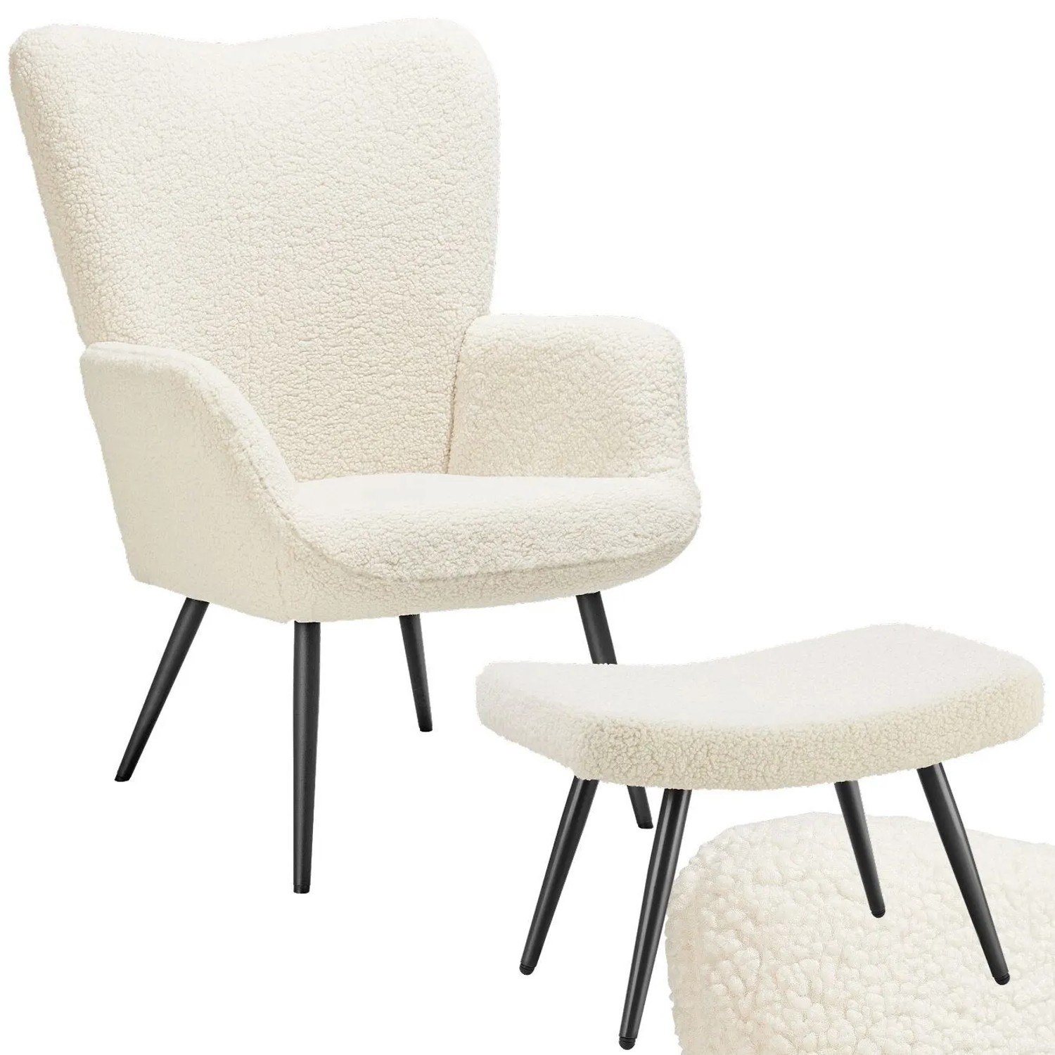 Tectake Sessel Hygge Gepolstert Armlehnen und Ergonomische Rückenlehne  76 x 72 x 100 50 cm Bouclé Creme Schwarz