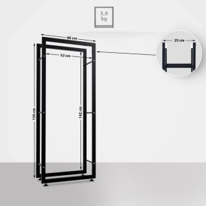 Schwarzes Metall Kaminholzregal SATLO, 150x60x25cm. Maße, Querstreben und verstellbare Bodenschoner für Brennholz.