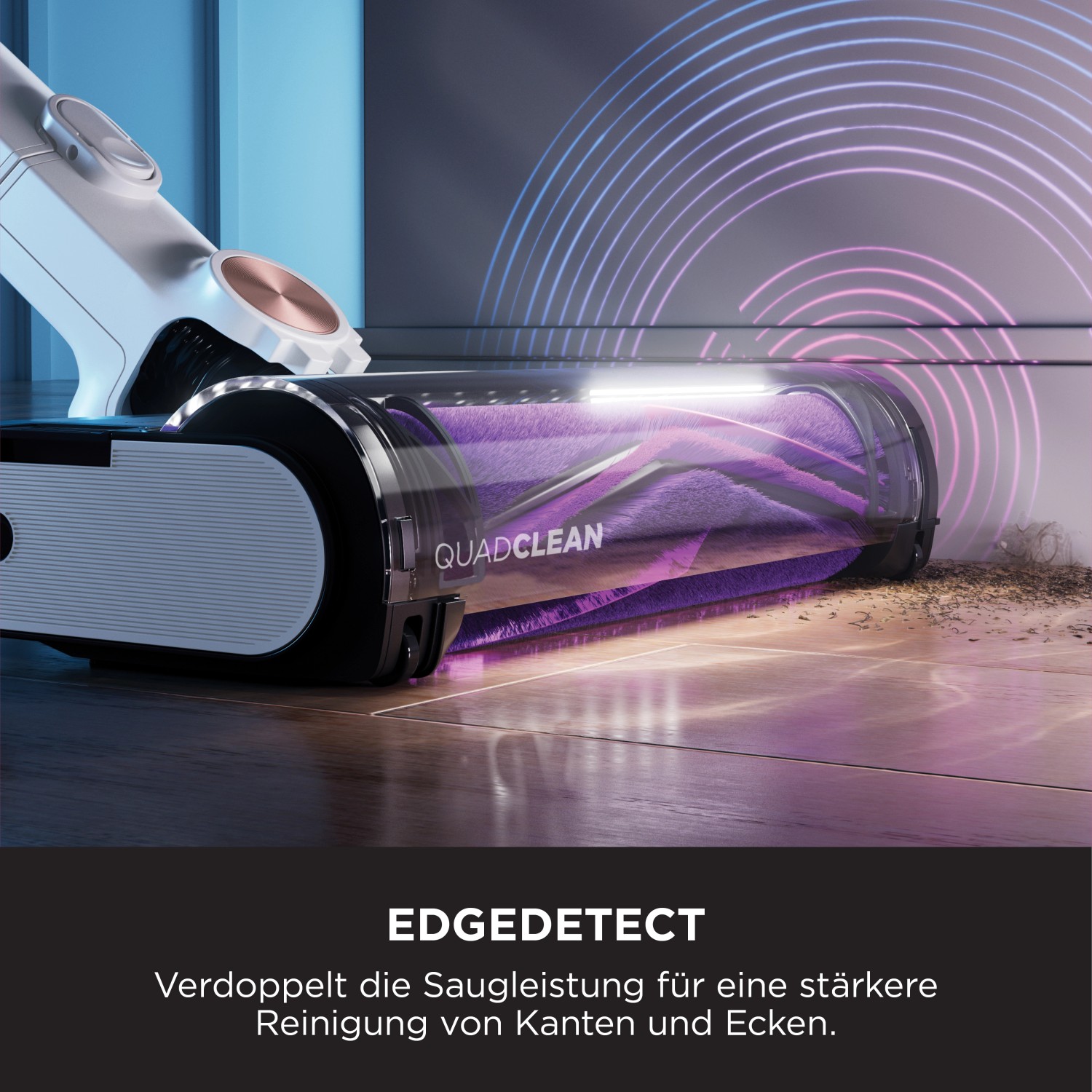 Detailaufnahme: Shark Akkusauger Detect Pro mit QuadClean Bürste bei der Bodenreinigung.