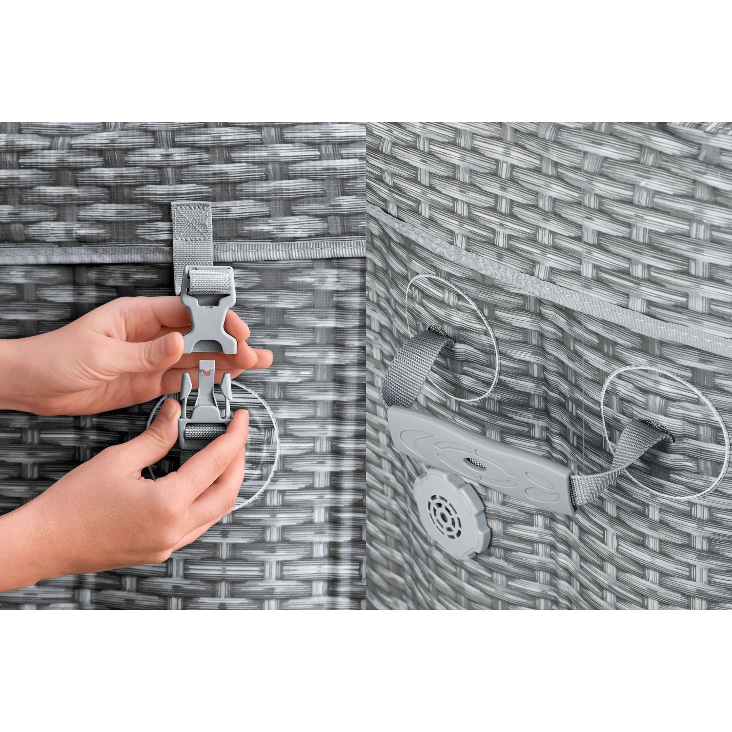 Hände schließen grauen Clipverschluss an der Rattan-Abdeckung des Bestway Bali AirJet Whirlpools. Sichere Befestigung.