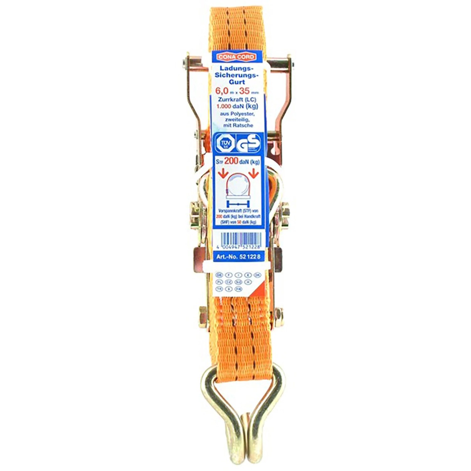Conacord Spanngurt Pro, 6 m, mit Ratsche und 2 Spitzhaken, orange.