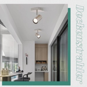 Zwei ZMH Deckenleuchten in Nickel, eckig, drehbar, an weißer Decke. Moderner GU10 Deckenspot aus Metall.