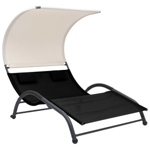 furnicato Doppel-Sonnenliege mit Sonnendach aus Textilene, schwarz. Ideal zum Entspannen im Garten.