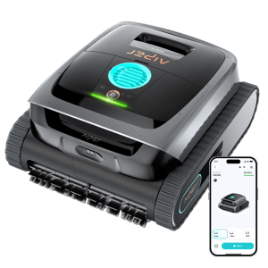 Aiper Scuba S3 Roboter-Poolreiniger, schwarz-grau, mit Raupenantrieb und blauer LED. Smartphone zeigt App-Steuerung.