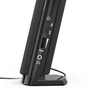 Detailaufnahme: Schwarzer Hama PC-Lautsprecher E 80 mit Lautstärkeregler und Ein-/Ausschalter.