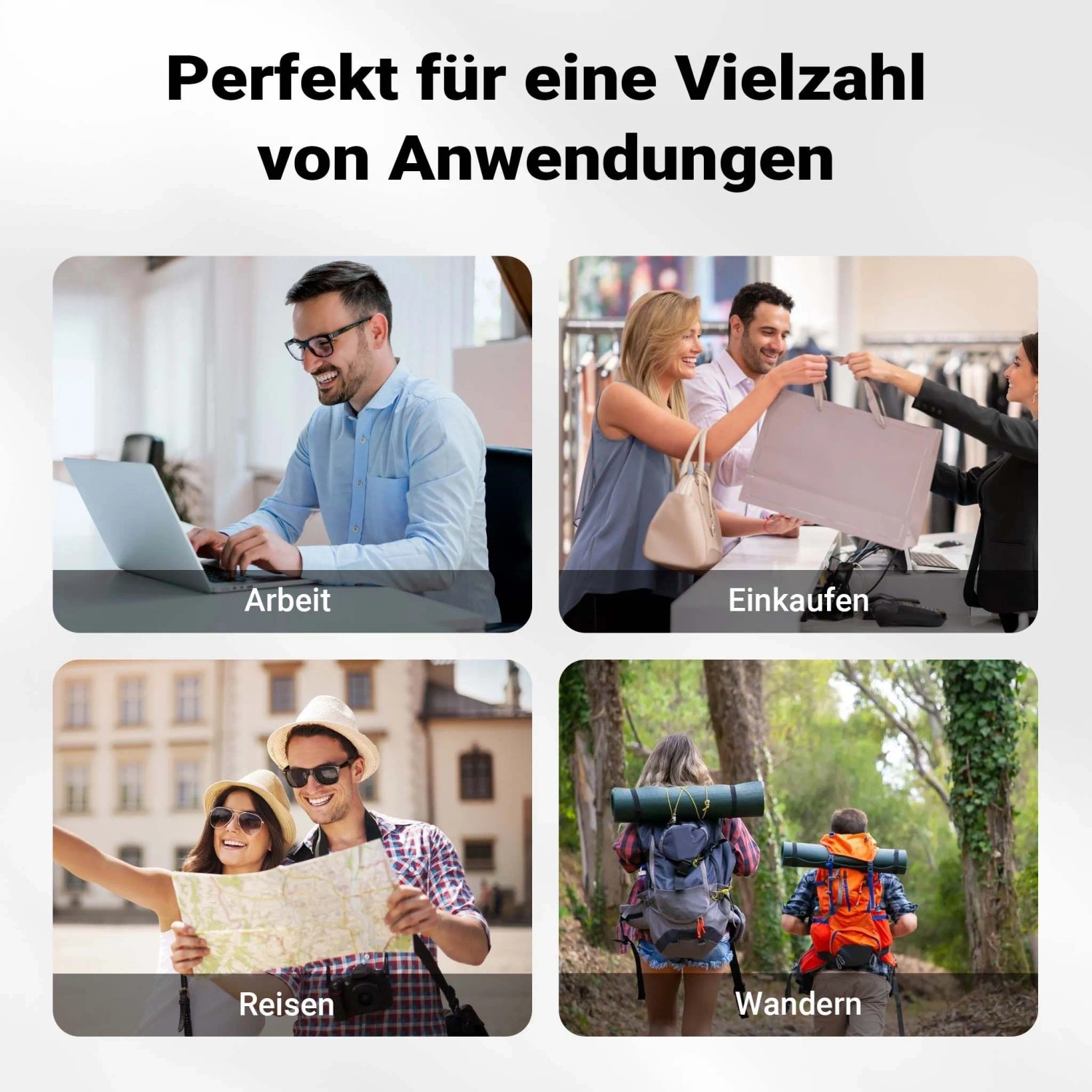 Vier Szenen zeigen die vielseitige Nutzung der Wiltec Gepäckträgertasche: Arbeit, Einkaufen, Reisen, Wandern. Ideal für Fahrradtouren.