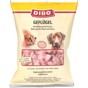 Dibo Geflügel Barf Frostfutter für Hunde und Katzen, 500g Packung mit Fleischstücken.
