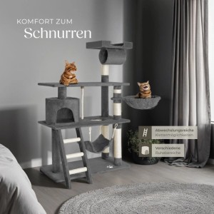 Grauer Tectake Kratzbaum Marcel (141 cm) mit Sisal, Katzen und verschiedenen Ebenen.