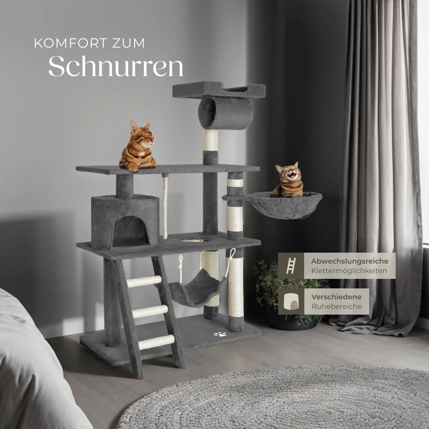 Grauer Tectake Kratzbaum Marcel (141 cm) mit Sisal, Katzen und verschiedenen Ebenen.