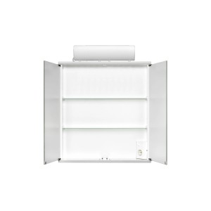Offener Jokey Spiegelschrank Entro, 60 cm, weiß Hochglanz, mit Steckdose und zwei Glasablagen.